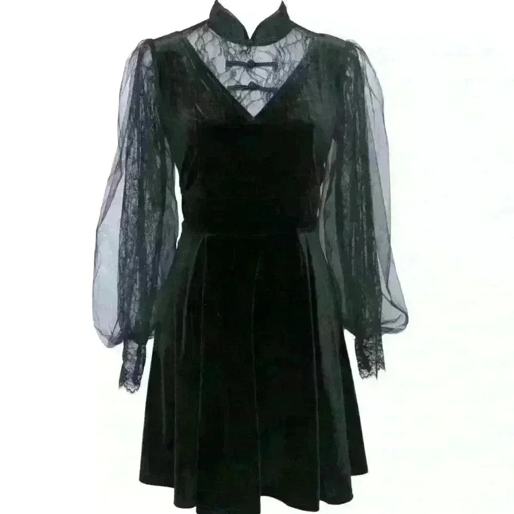 Ariana Long Sheer Sleeve Lace Mini Dress in Black
